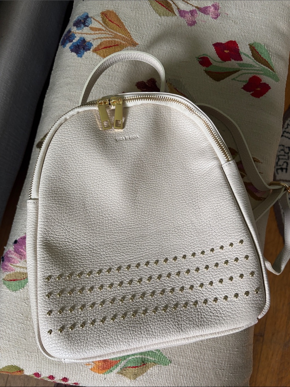Luca di Gioia Off White Gold Accented Studded Leather Backpack